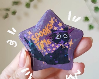 Silly Kitty Star Button Pin Spooky Time – Cartoon Badge