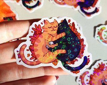 Cuddling Cats - Holo Hearts Sticker