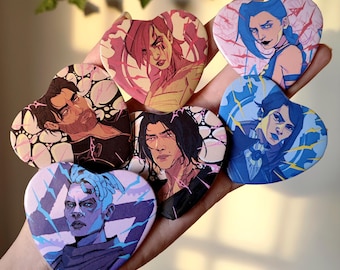 Arcane Button Heart pins - Jinx, Vi, Ekko, Viktor, Jayce and Caitlyn
