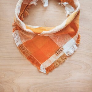 Fall Pumpkin Spice Dog Bandana, Mustard Yellow and White Plaid Flannel, Tie-on, Frayed Edge