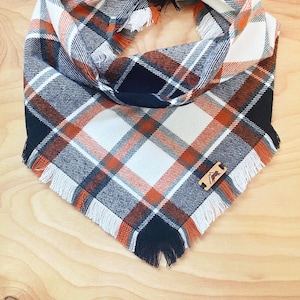 Fall Dog Bandana, Orange, Black, and White Plaid Flannel, Tie-on, Frayed Edge