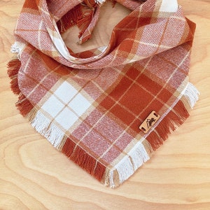 Autumn Spice Dog Bandana, Orange and White Plaid Flannel, Tie-on, Frayed Edge