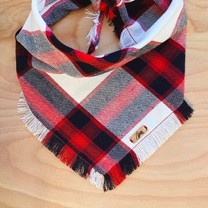 Red Plaid Dog Bandana, Flannel, Tie-on, Frayed Edge