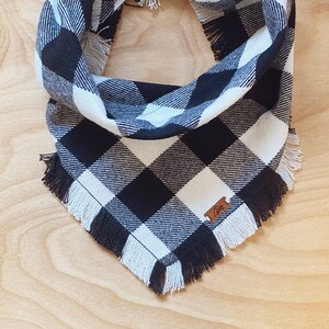 Franklin Falls - Dog Bandana, Black and White Plaid Buffalo Check Flannel, Tie-on, Frayed Edge