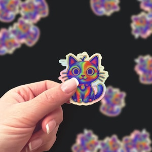 Thermal Glitch Cat Sticker – Trippy Vaporwave Aesthetic Holographic Kitty