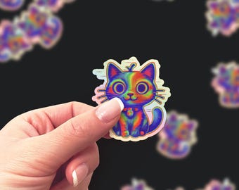 Adesivo olografico con gatto glitch: decalcomania in vinile con effetto vaporwave psichedelico