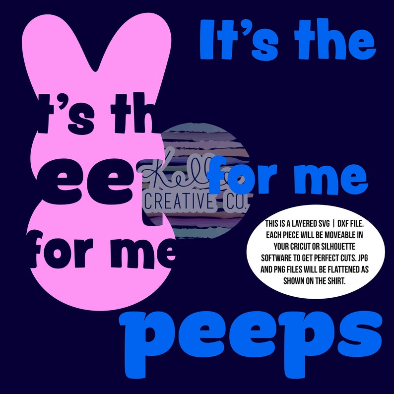 Pu&ograve; includere: Sono i Peeps per me! Una grafica a forma di coniglio rosa con il testo "It's the Peeps for me" in nero. Il testo "It's the" &egrave; sulla testa del coniglio e il testo "Peeps for me" &egrave; sul corpo del coniglio. Lo sfondo &egrave; blu scuro.