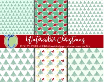 Christmas Watercolor Digital Paper 12" X 12" 300dpi JPG