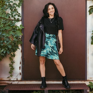 Skater Skirt -Turquoise Camo Skater Skirt – Flared A-Line Skirt – Soft Stretchy Casual Skirt – Comfortable Summer Skirt for Women