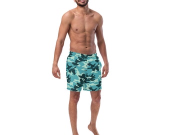 Swimming Shorts in Camo Print Unique Camouflage Design. Beachwear For Men. Great Quality UK-designed Cool  Swim Shorts by Stitch & Simon