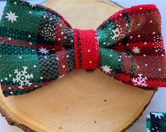 Christmas Plaid with Snowflakes dog bow tie, red and green winter holiday pet collar accessory