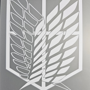 May include: A white silhouette of a winged emblem with a gray background. The wings are stylized and have a geometric pattern. The emblem is a symbol of the Survey Corps from the anime series Attack on Titan.
