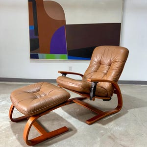 Mid Century Westnofa Norway Bentwood and Leather ‘Panter’ Reclining Lounge Chair and Ottoman - Shipping Not Free, Msg for Estimate