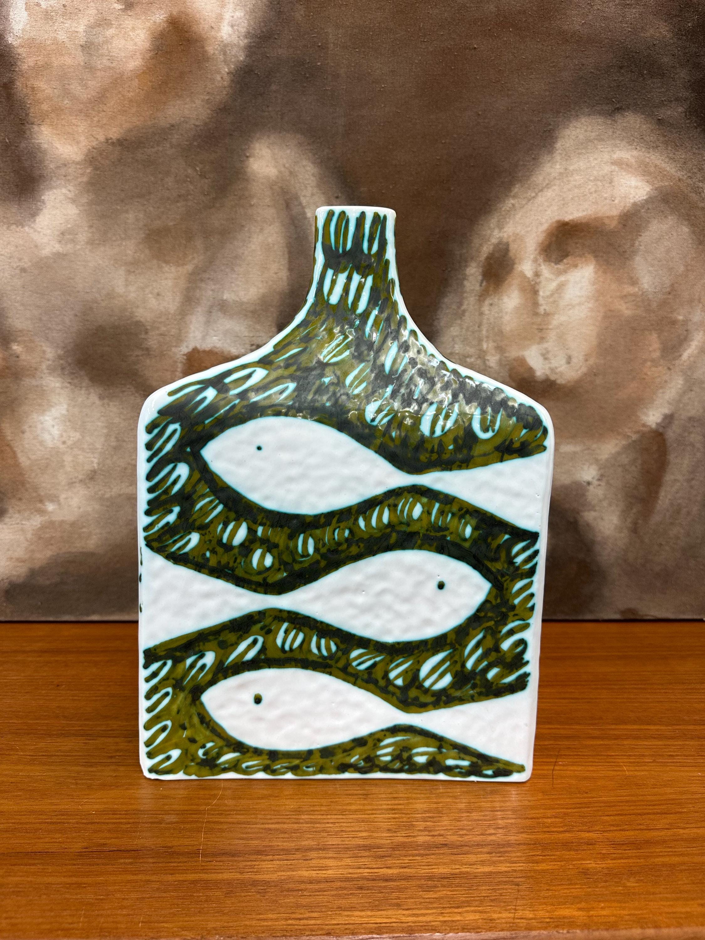 Alessio Tasca Large Green & White Fish Dove Vase for Raymor Italy