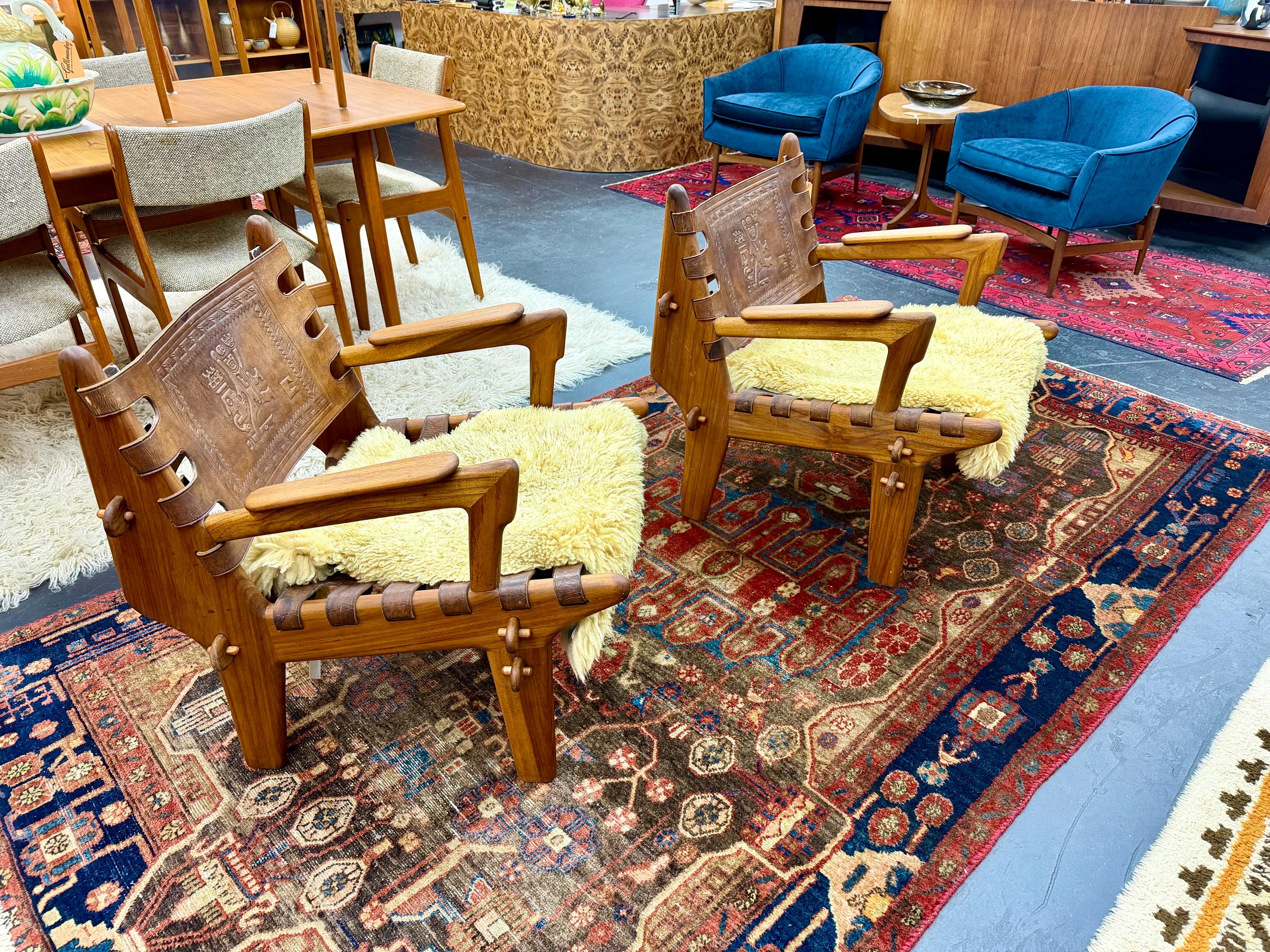 Pair of Mid Century Hand Tooled Leather Angel Pazmino Lounge 