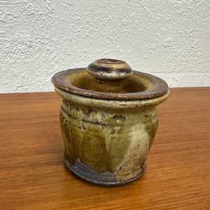 Vintage Brutalist Studio Pottery Drip Glaze Crock Lidded Jar