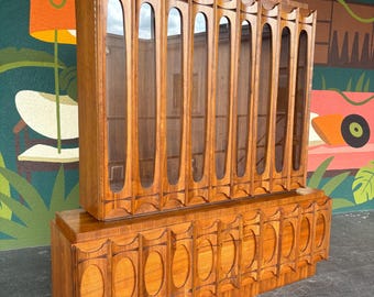 Mid Century Modern Brutalist Tabago Two-Piece China Hutch Display Cabinet - Shipping Not Free, Message for Estimate