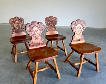 Vintage Brutalist Tyrolean Swiss Alpine Carved Pine Dining Chairs, Set of 4 - Shipping Not Free, Msg for Estimate