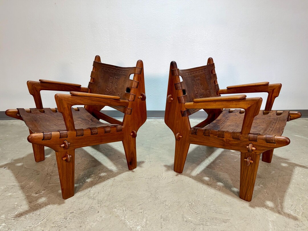 Pair of Mid Century Hand Tooled Leather Angel Pazmino Lounge