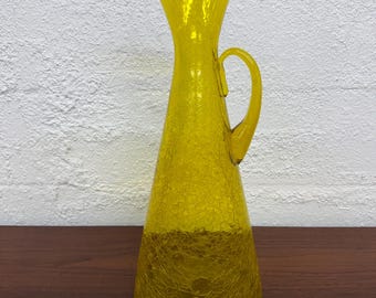Blenko Large Jonquil Crackle Glass Model 976 Pitcher, Mid Century Modern