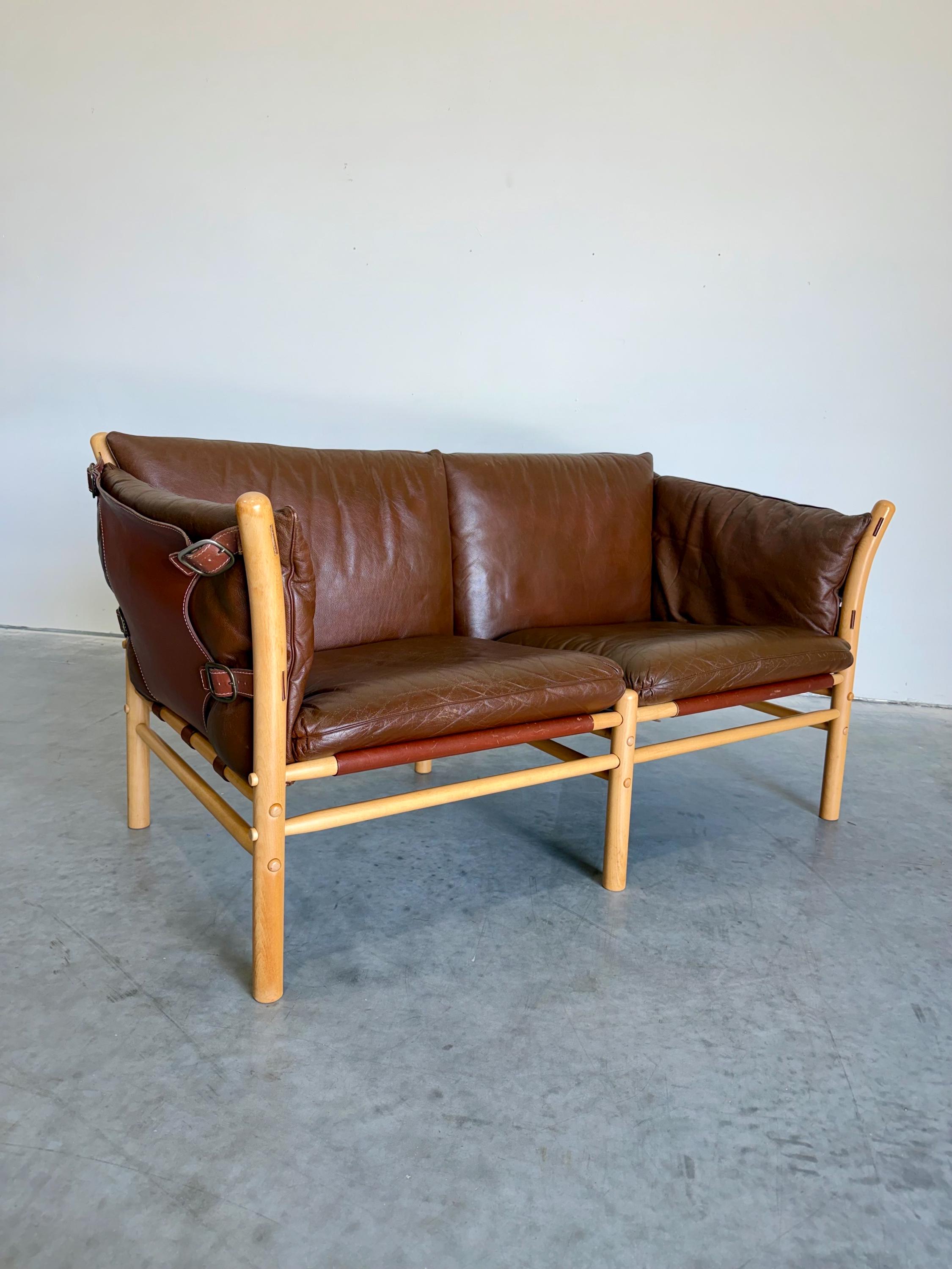 Vintage Arne Norell Ilona Safari 2 Seat Sofa in Brown Leather