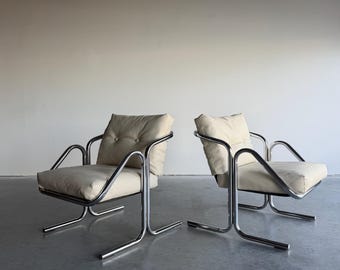 Pair of Mid Century Jerry Johnson Arcadia Chrome Sling Chairs c.1970’s  - Shipping Not Free, Msg for estimate