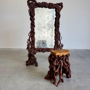 Rustic Elegance Freestanding Floor Mirror in Sculpted Tree Root Burl Frame with Stool