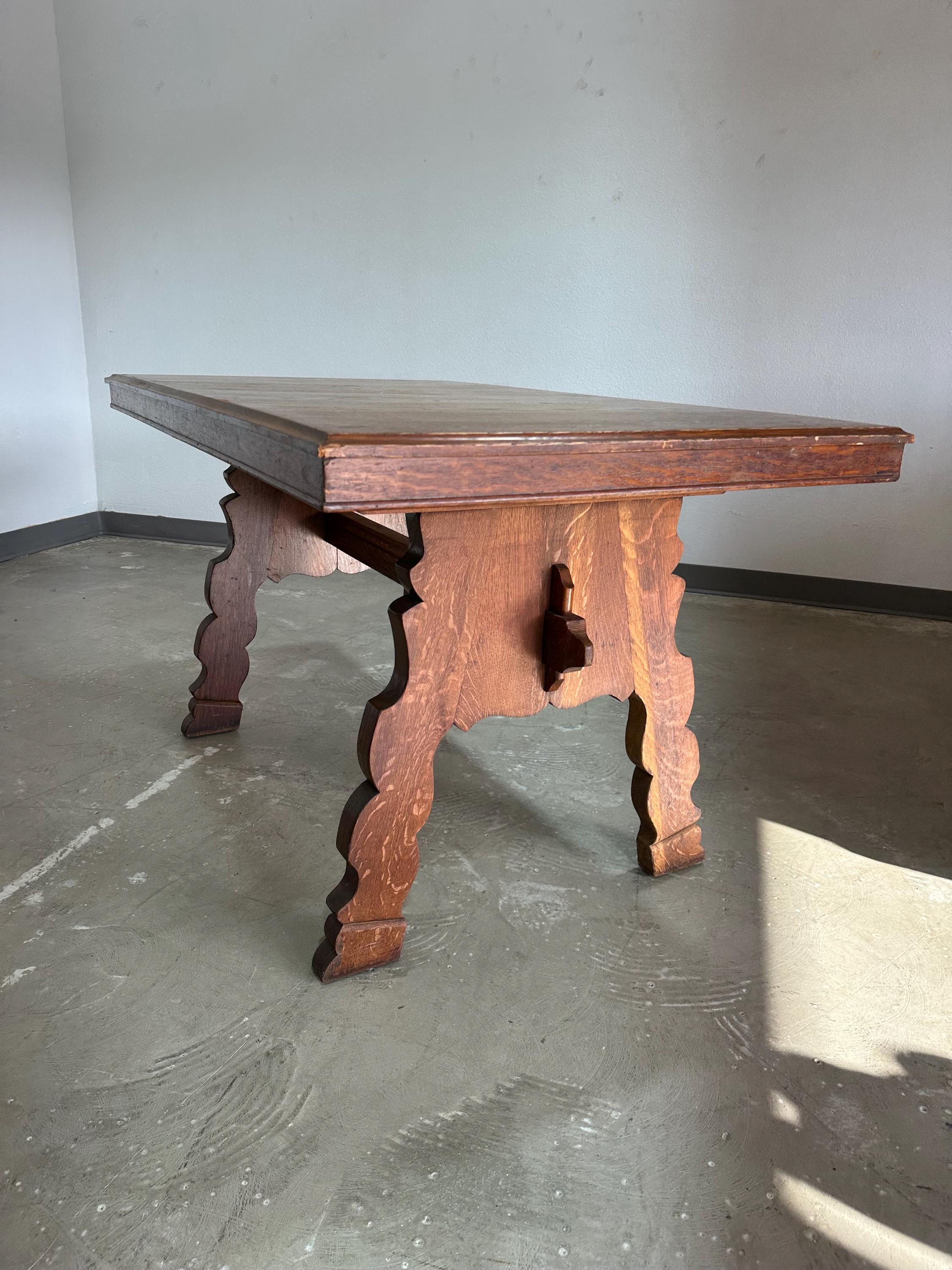 Table in the Wilderness(中古品) German Brutalist Tyrolean Swiss Alpine Style Tiger Oak Trestle