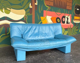 Vintage Postmodern Italian Nicoletti Blue Leather Loveseat - Shipping Not Free, Msg for Estimate