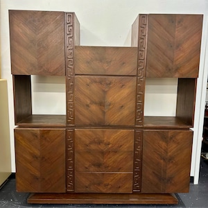 Mid Century Tiki Brutalist Wall Unit Dry Bar Media Record Cabinet - Shipping Not Free, Message for Estimate