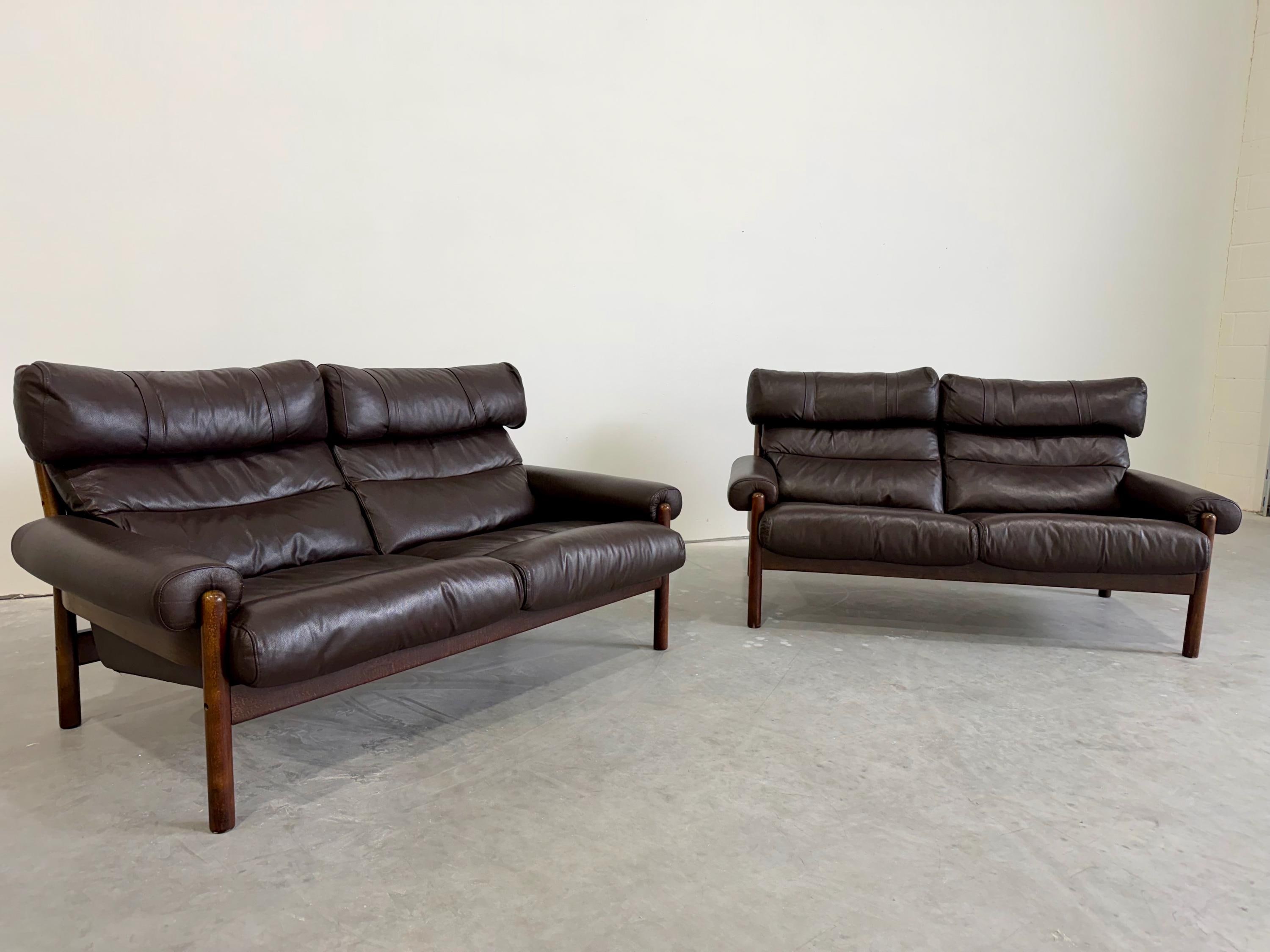 Mid Century Arne Norell Style Leather and Wood Loveseat (price per