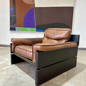 Mid Century Brutalist Danish Pine and Leather Lounge Chair - Shipping Not Free, Msg for Estimate