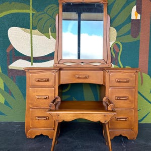 Mid Century Colonial Solid Maple Knee Hole Vanity Desk - Shipping Not Free, Message for Estimate