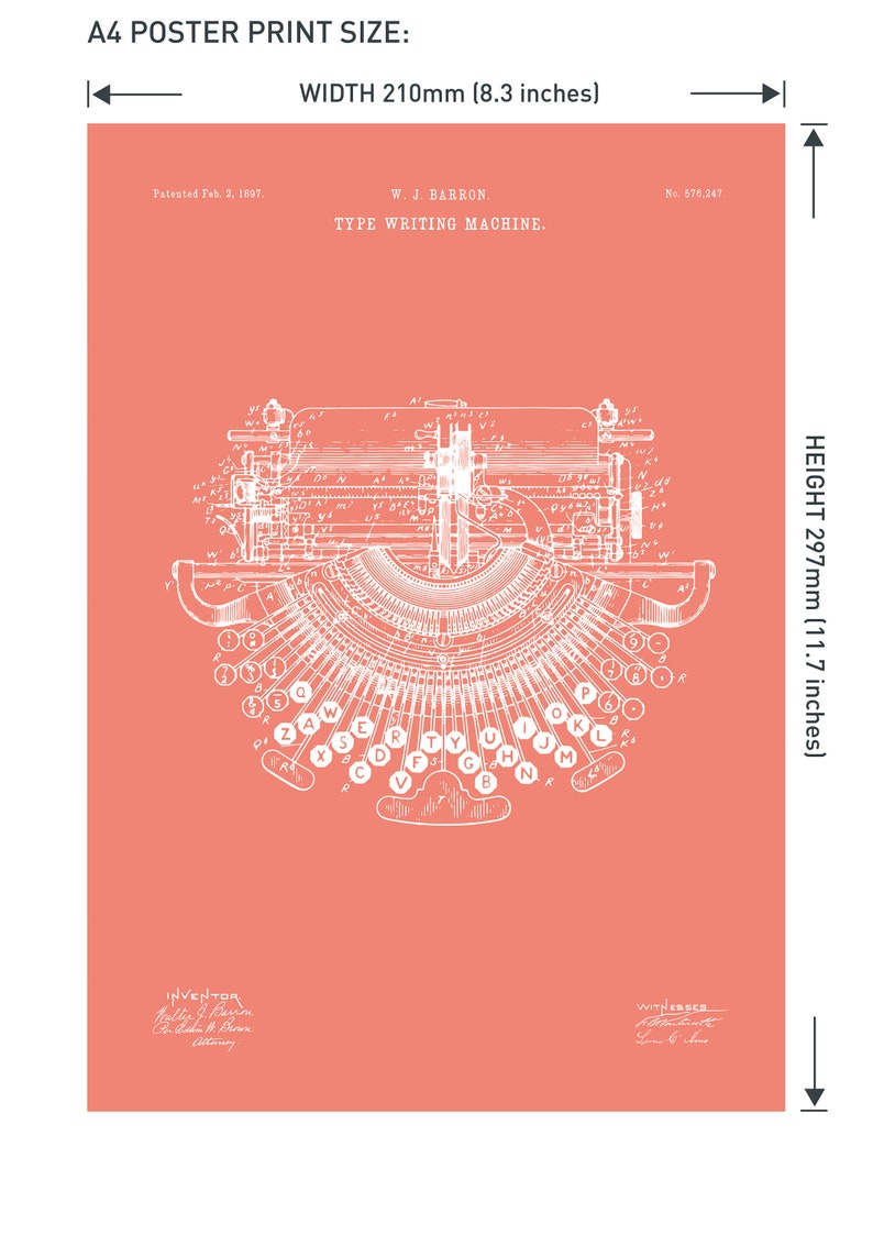 Patent Print Barron Invented By W Type Writing Machine Pantone Colour Options With Enhanced Original Patent Artwork 17 J Digital Prints Art Collectibles Lifepharmafze Com