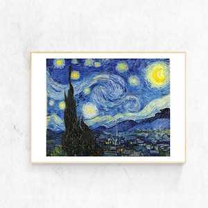 Vincent van Gogh, Die Sternennacht (La nuit étoilée) - 1889, Provence, Frankreich. Posterdruck in Museumsqualität. Leuchtendes Blau und Gelb.