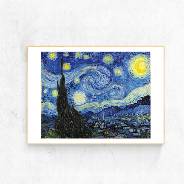 Vincent van Gogh, The Starry Night (La nuit étoilée) - 1889, Provence, France. Museum quality poster print. Bright blue and yellow.
