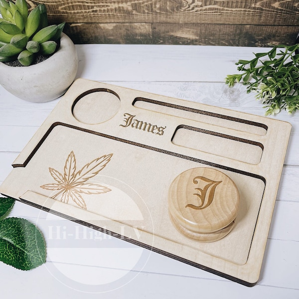 Personalized Rolling Tray with Wooden Grinder Set | Customized Weed Tray Marijuana | Weed Tray and Grinder Set