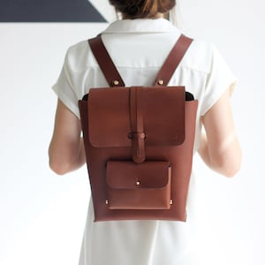 Handmade Leather Backpack: Tan Brown, Spacial Strap Detail