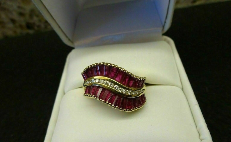 2Ct Baguette Cut Created Red Ruby Diamond Engagement Cluster Ring For Women & Girls 925 Sterling Silver 14K Yellow Gold Plated