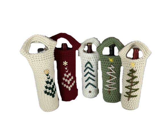 Crocheted Christmas Tree Wine Bag, Holiday Hostess Gift
