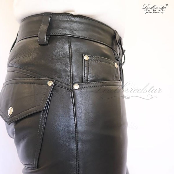 Leather jeans leder pant with rivets, zippers & snap Buttons round cut panel and beautifully designed ideal for leather lovers