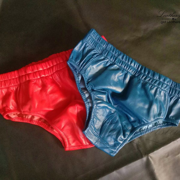 Red & Electric Blue color  BREATHABLE Leather underwear, Brief made in soft leather A pair of 2 leather underwears classic cut
