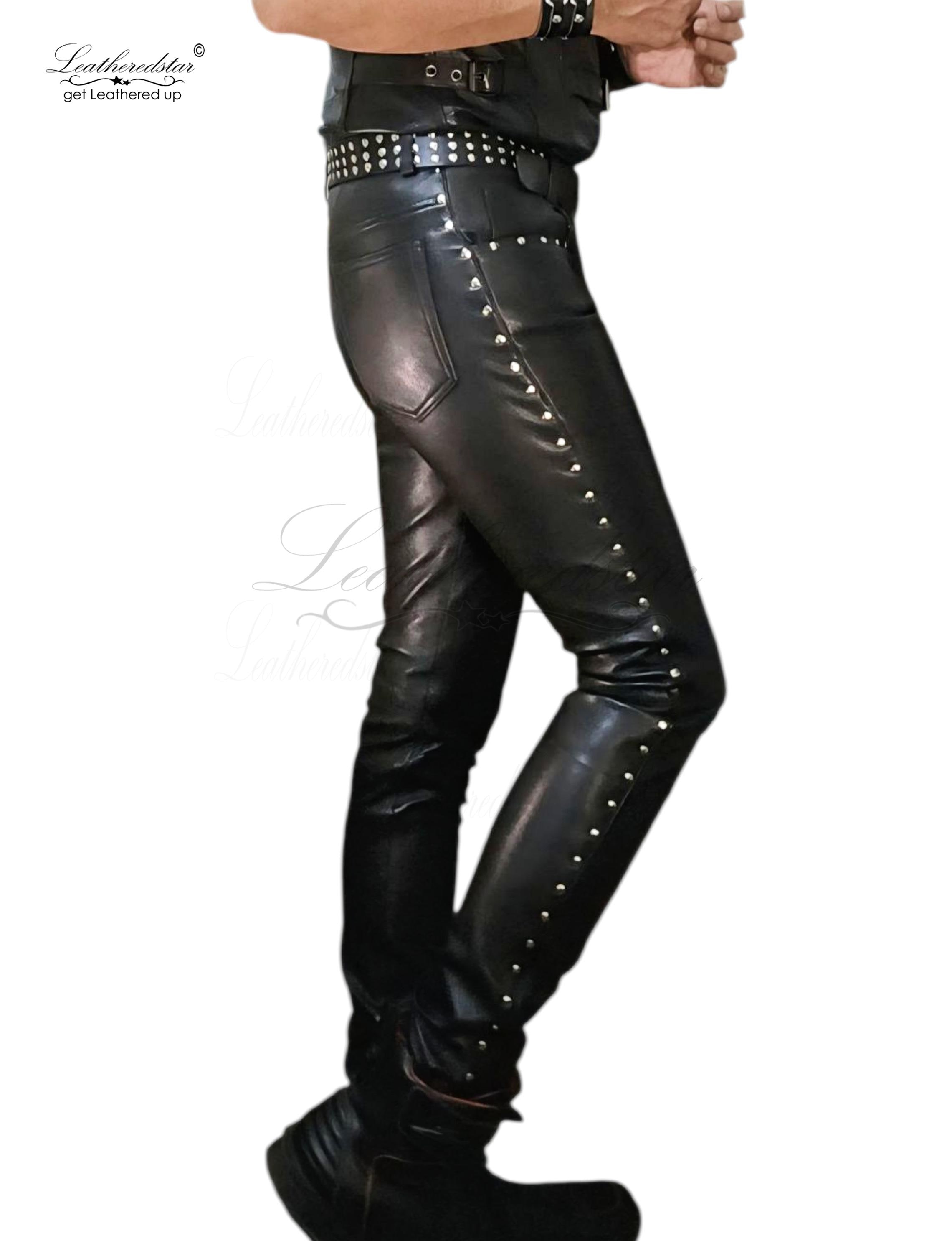 Black Leather Skintight Skinny Leather Jeans With Shiny Metal