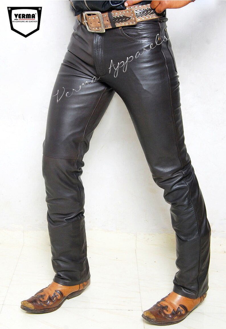 classic causal original product Dark Brown leather slimfit leather jeans pant 501 style fits over boots