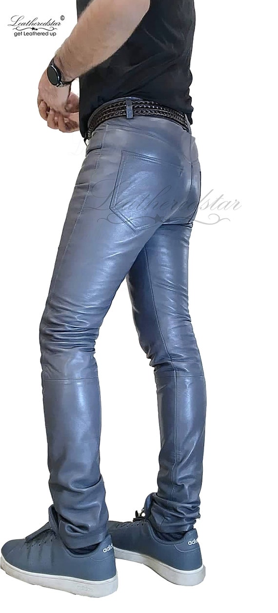Steel Grey Color Leather Skinny Pipes Drainpipe Skintight Leather Jeans Pant,  Goth, Street, Causal Wear 
