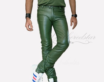 Forest Green Color Leather Skinny Skintight Leather Jeans, Pant