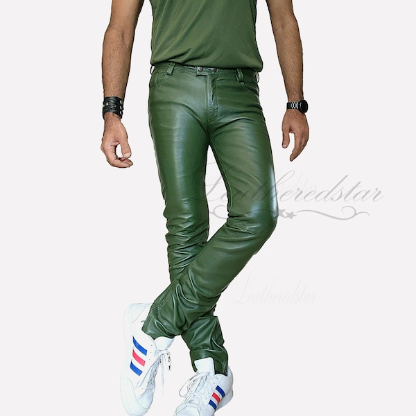 Forest Green color leather skinny skintight leather jeans, pant, goth, street, causal wear