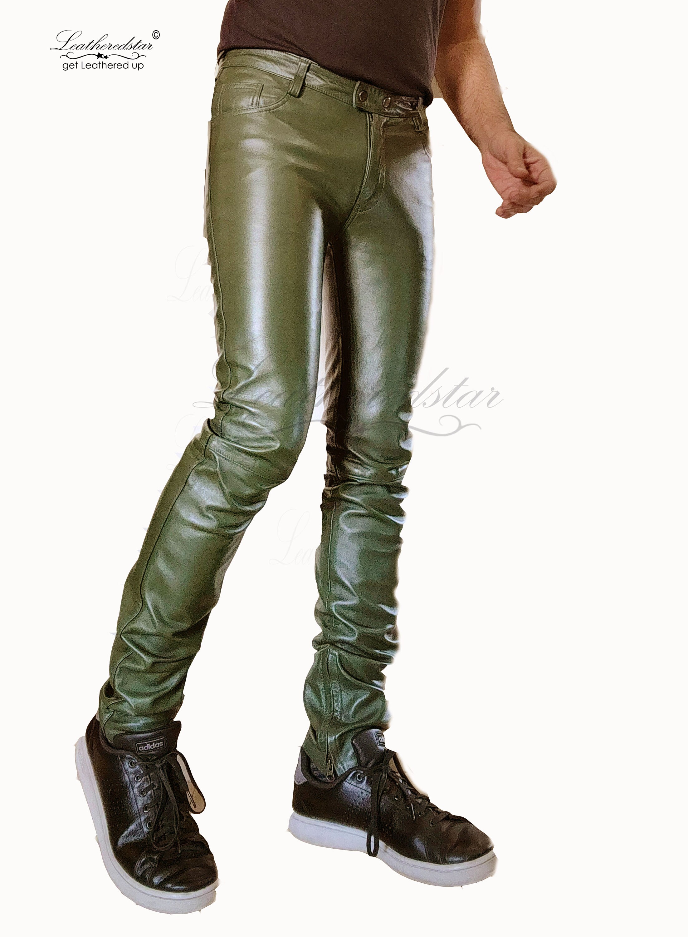 Vegan-leather trousers in olive green