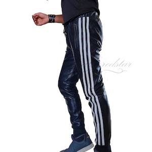 Navy Blue leather sweat pant with white stripes track pant jogging running gym