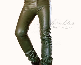 OLIVE GREEN color leather skinny skintight leather jeans, pant, goth, street, causal wear